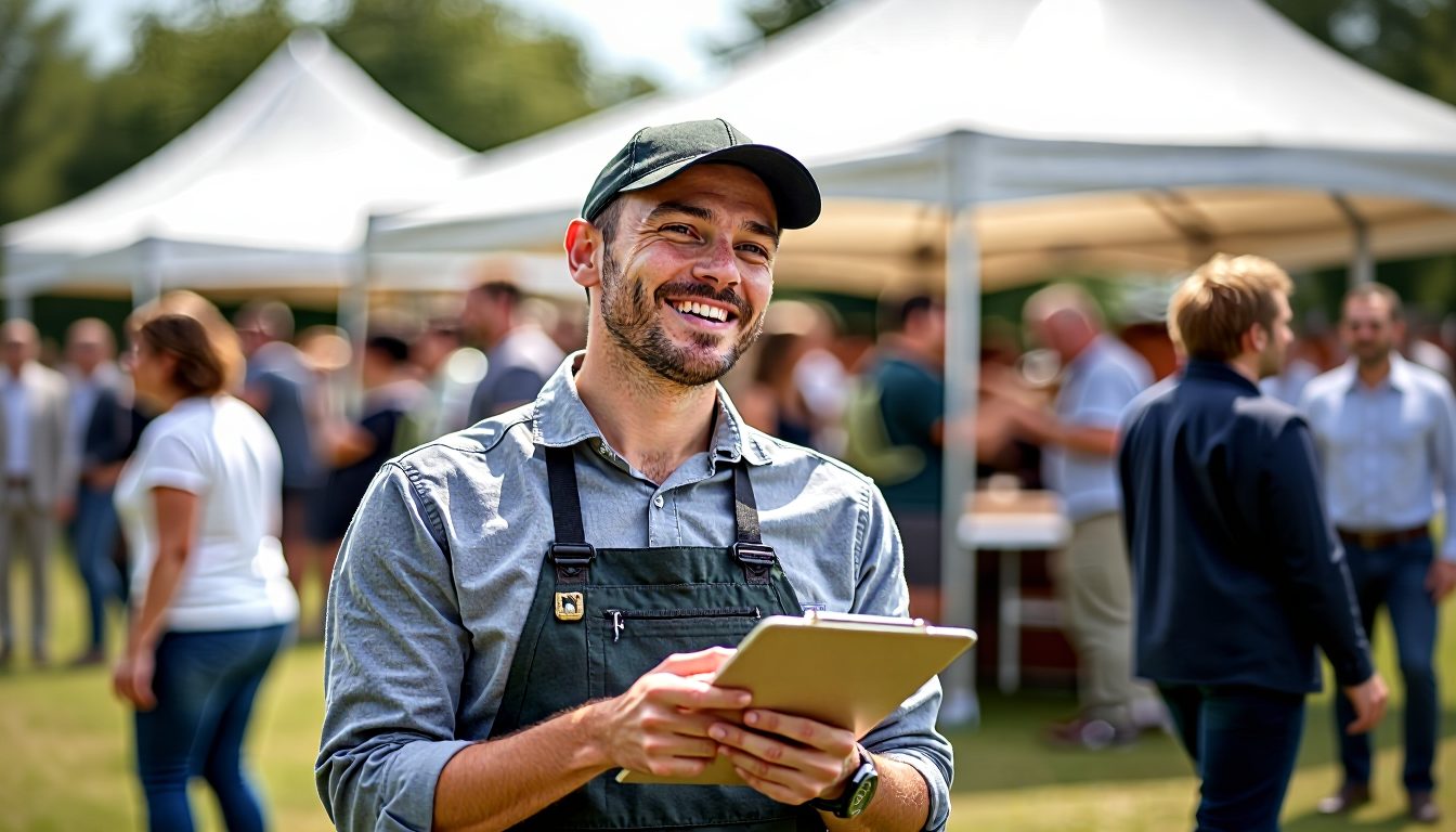 Volunteer event organiser with clipboard at community event