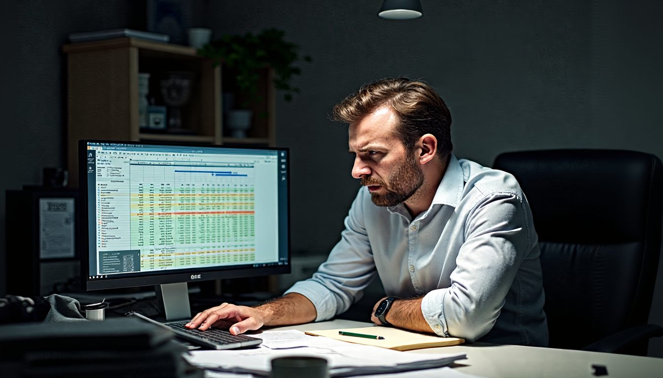 Frustrated treasurer staring at spreadsheet on laptop
